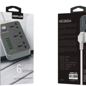 HDPLUS HD3604 Power Strip With 3 Sockets and 6 USB Ports - Black